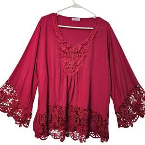 SoTeer Red Wide Sleeve Embroidered Lace V Neck Flowy Size XL Feminine Boho